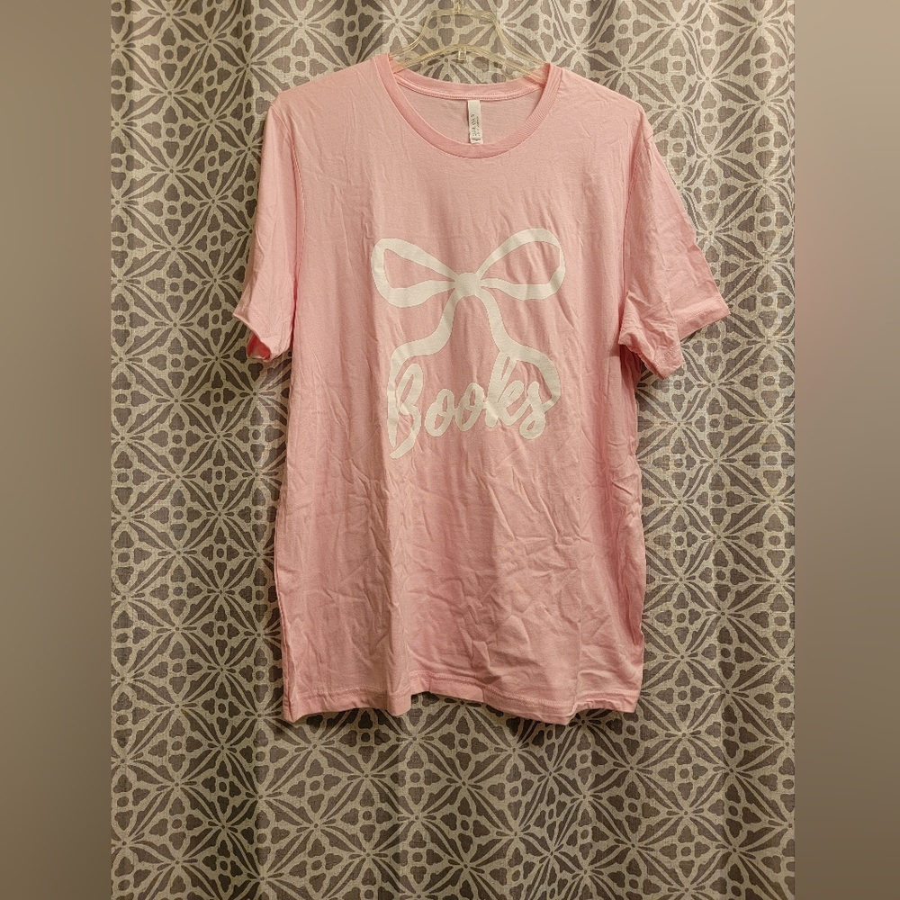 Pink Short Sleeve Tee with Books & Bow Graphic